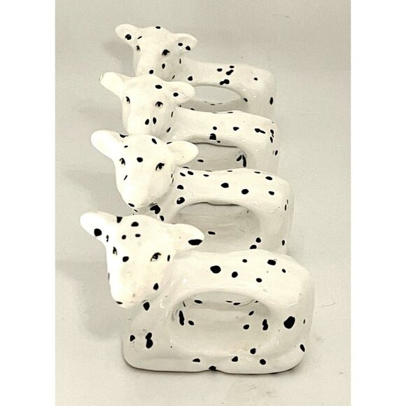 Handcrafted Other - Cottage Farmhouse Spotted Cows Napkin Rings Set of 4 Ceramics Rustic White